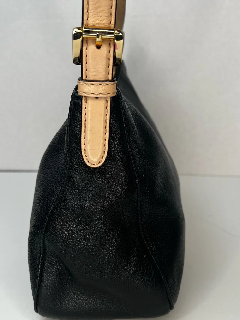Michael Kors Black Pebbled Leather Shoulder Bag with Tan Trim
